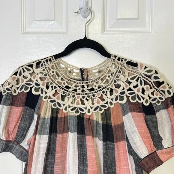 Anthropologie Pink and Black Puff Sleeve Blouse with Bib Collar - Picture 7 of 13